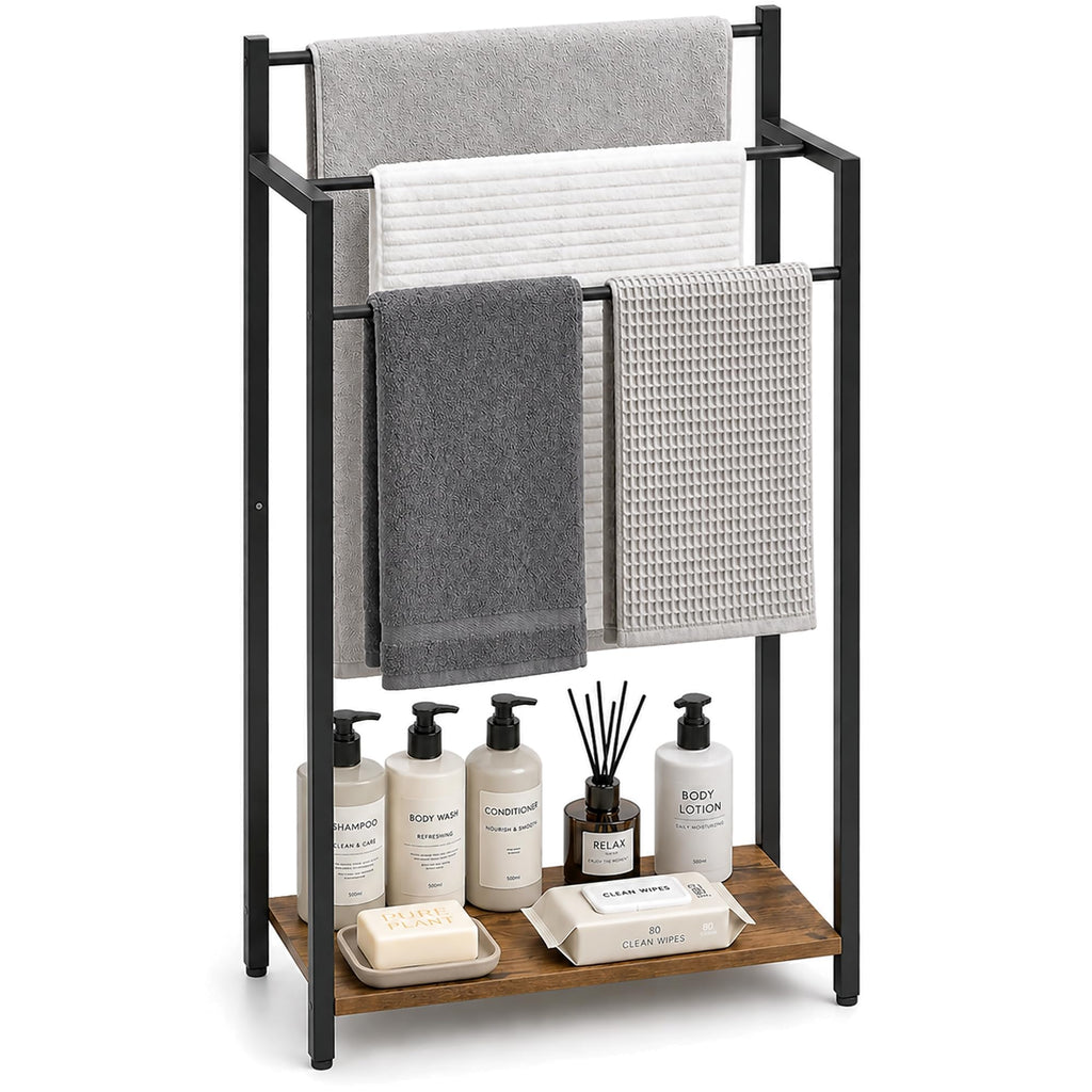 16.9" W Freestanding Towel Rack with Rustic Brown Wood Shelf