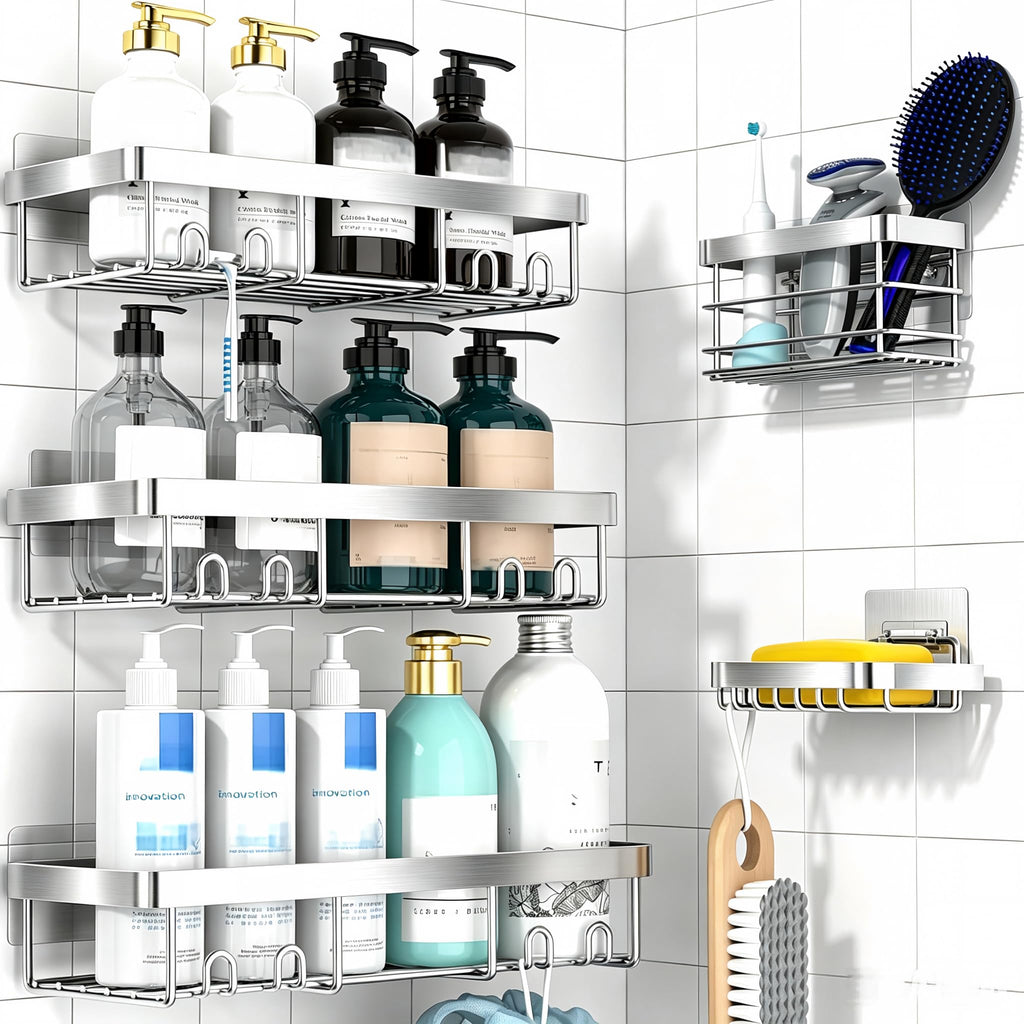Moforoco 3-Pack Shower Caddy Basket Shelf with Soap Holder, No Drilling Traceless Adhesive Shower Wall Shelves, Rustproof Black Bathroom Shower Storage Organizer