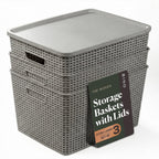 BINO | Plastic Storage Baskets with Lids, 15.5 Liter - 3 Pack, White | THE WOVEN COLLECTION | Storage Basket for Shelves Woven Storage Baskets for Organizing Bins Pantry Shelf Organizer Container Bin