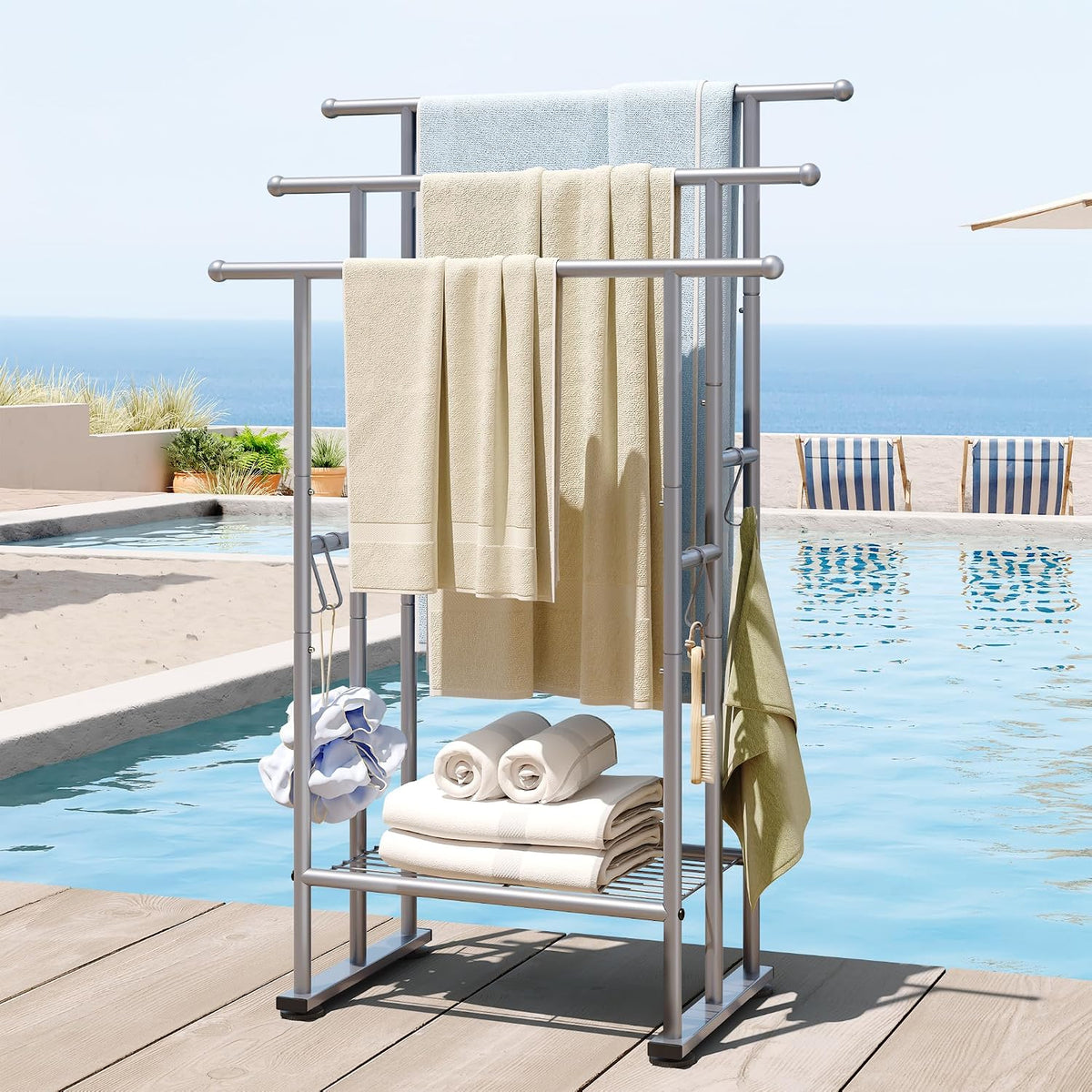 ELYKEN 3 Tier Freestanding Towel Rack with Shelf, 40" H Towel Stand, Silver