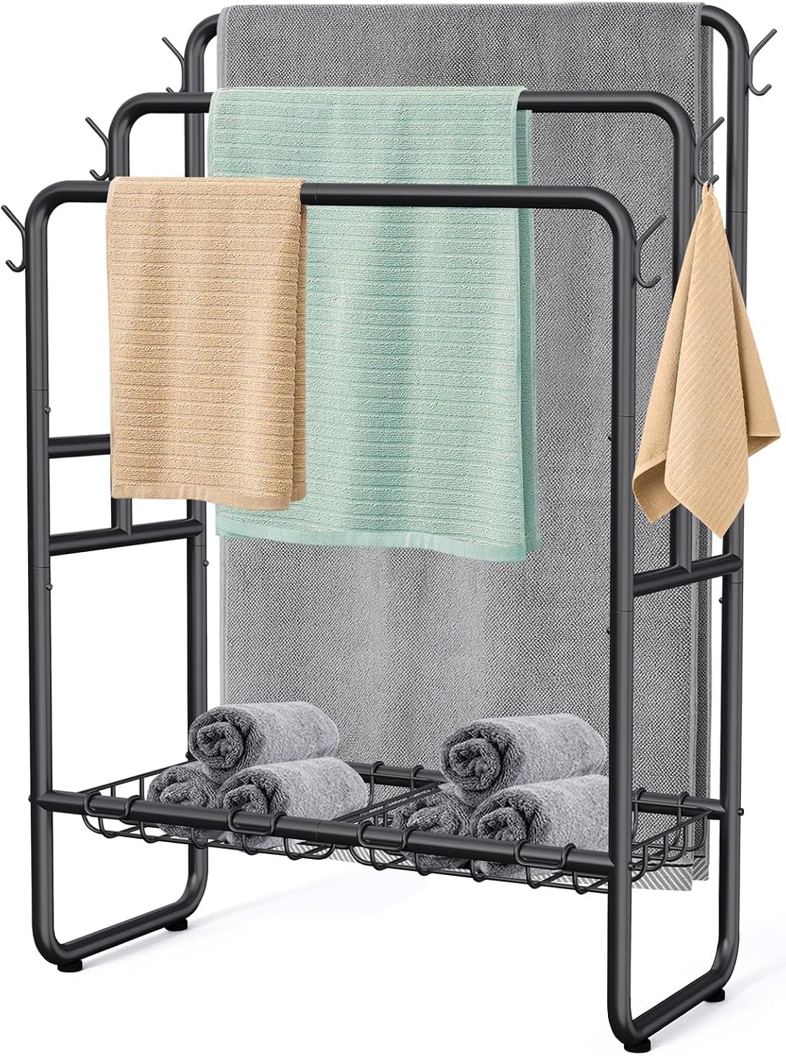 Kayfia 40'' Freestanding 3 Tier Metal Towel Rack, 2 Baskets & 6 Hooks