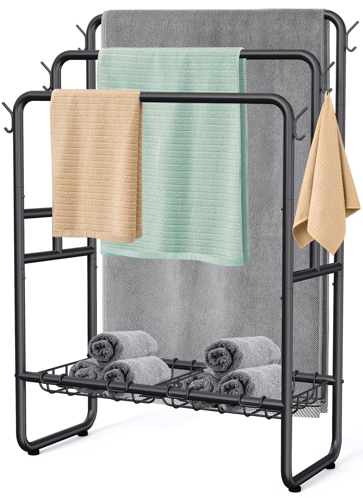 Kayfia 40'' Freestanding 3 Tier Metal Towel Rack, 2 Baskets & 6 Hooks