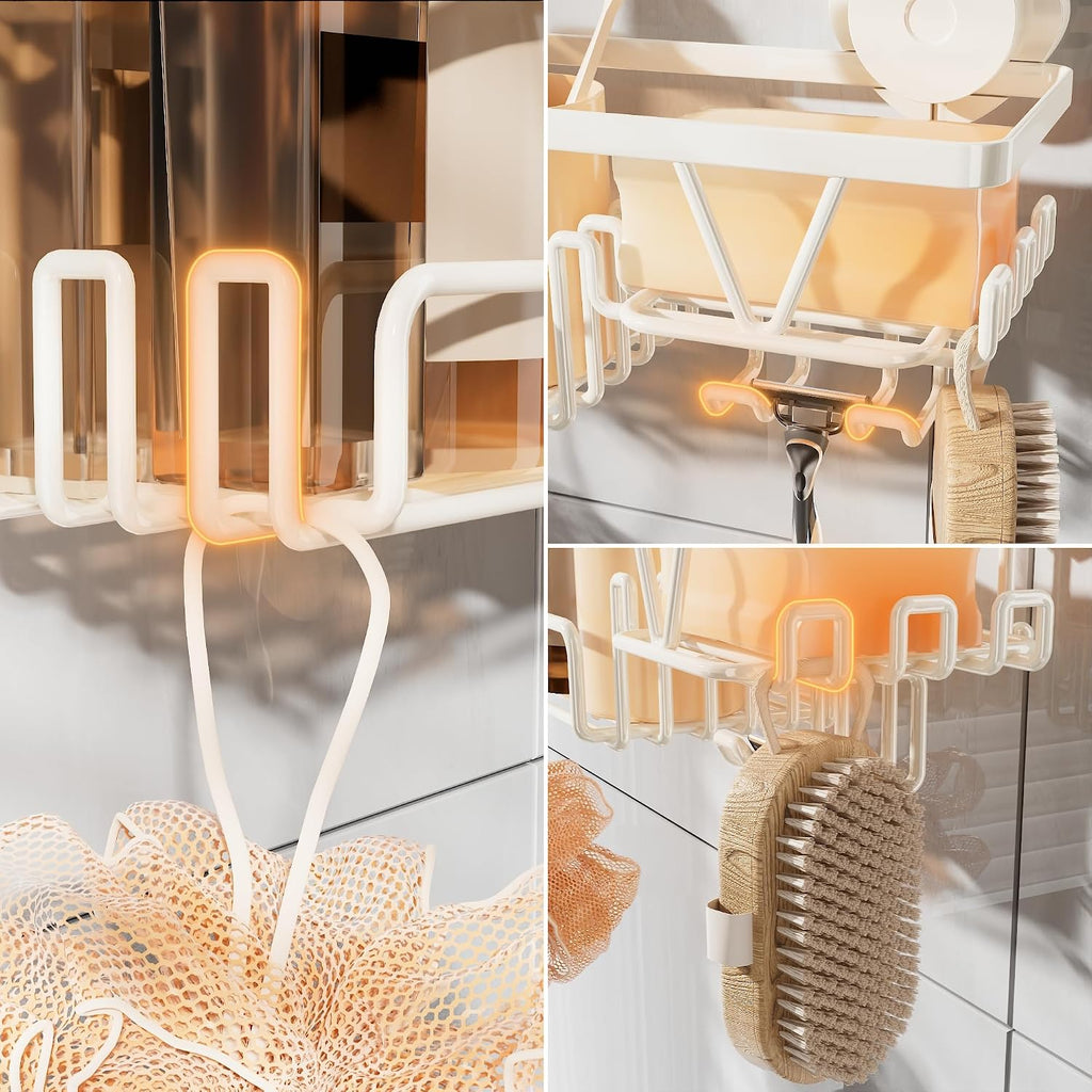 KEGII Suction Cup Shower Caddy with Soap & Razor Holder, Hooks, Cream White