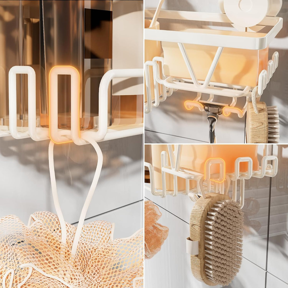KEGII Suction Cup Shower Caddy with Soap & Razor Holder, Hooks, Cream White