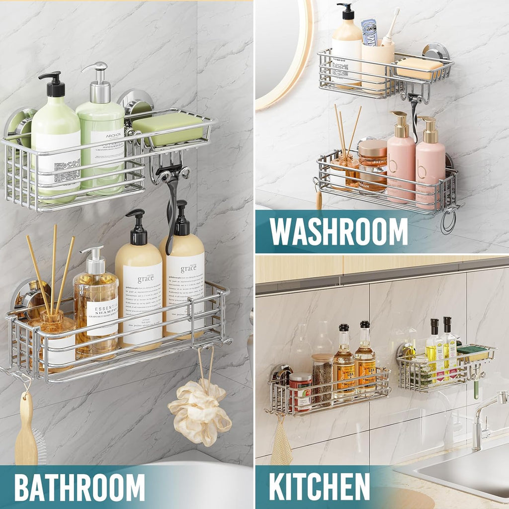 TAILI Shower Caddy Suction Cup 2 Pack with Hooks and Soap Holder, Silver
