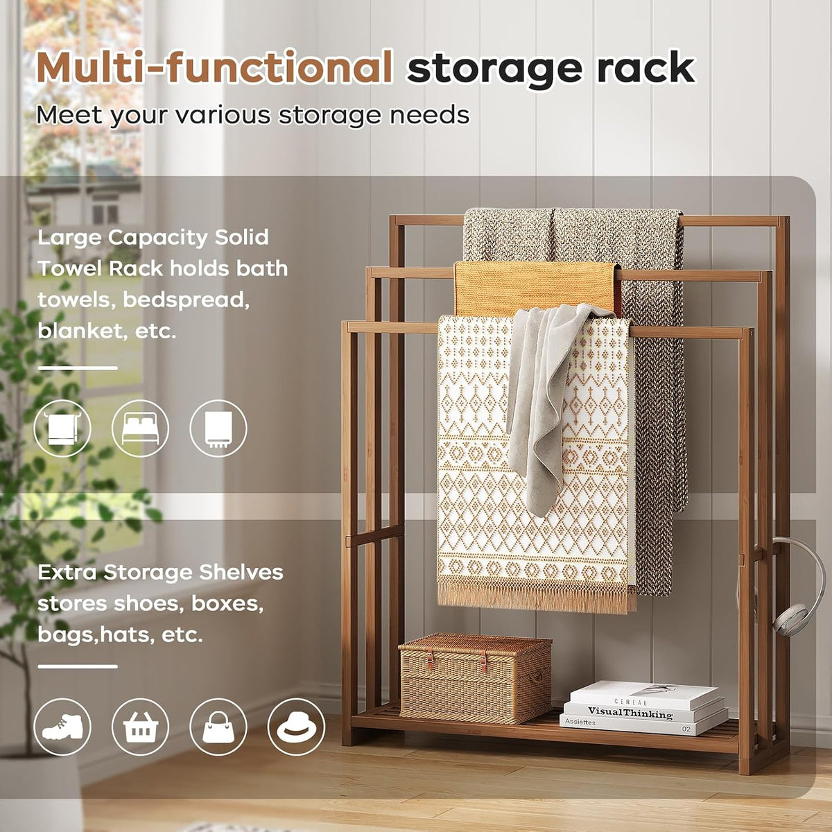 Standing Towel Rack for Bathroom, 39.4''H Bamboo Blanket Racks with Shelf