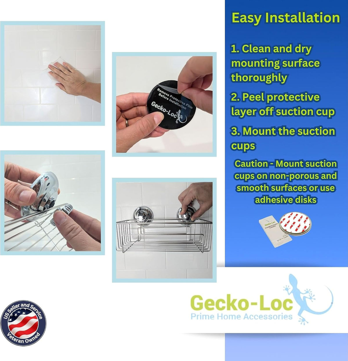 Gecko-Loc Large Combo suction cup wall mount bathroom shower caddy - shampoo storage basket shelf organizer caddie bath shelves - Black