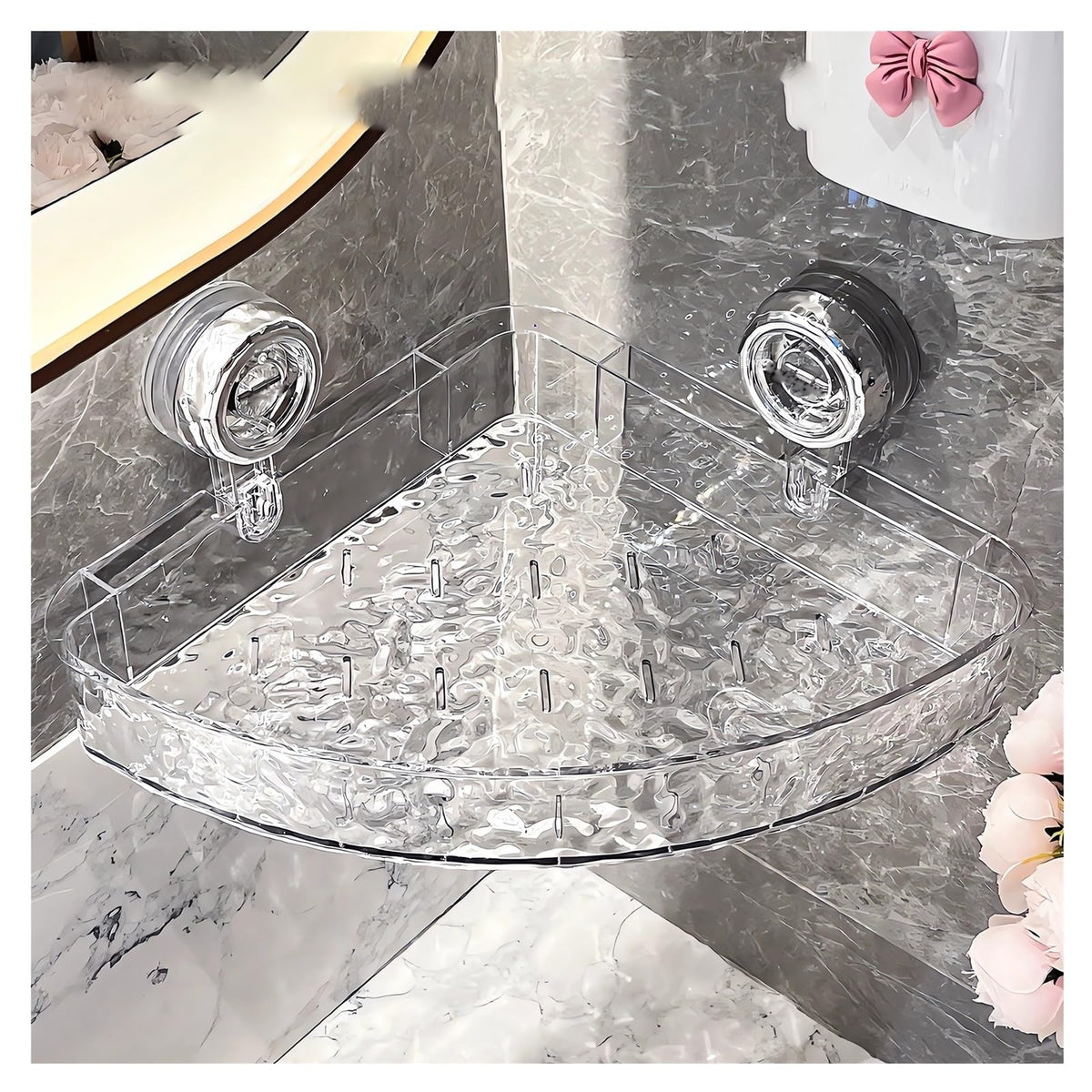 Corrugated Suction Cup Storage Holder Corner Shower Caddy Large Organizer Bathroom Shelf Clear Acrylic Shower Tray Shelves Inside Floating Shower Wall Shelf Bath Basket Rack Heavy Duty (Corner-Grey)