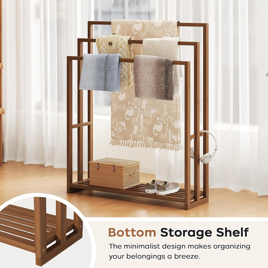 Standing Towel Rack for Bathroom, 39.4''H Bamboo Blanket Racks with Shelf