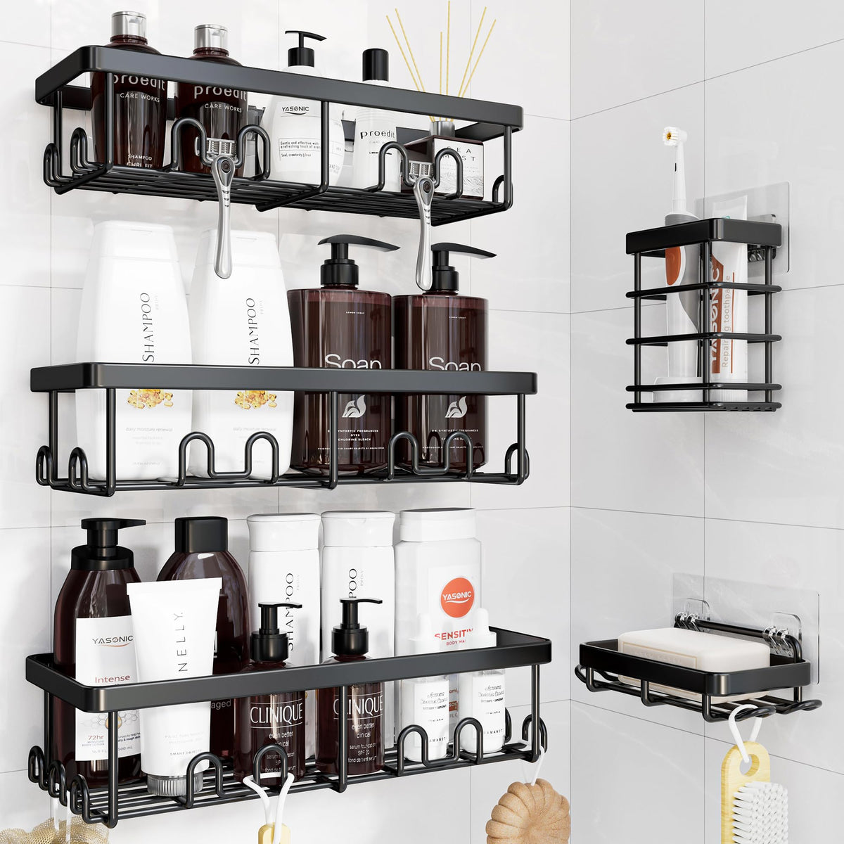 YASONIC Shower Caddy Adhesive, Rustproof Shower Organizer, Wall Shower Rack