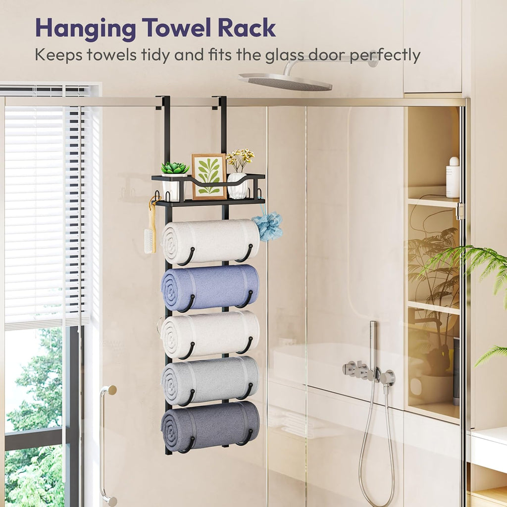 SWTYMIKI Over the Door Towel Rack - 6 Tier Towel Racks for Bathroom Wall Mounted, Towel Holder with Shelf, Hanging Rolled Towel Storage Organizer for Small Bathroom, Camper, RV, Black