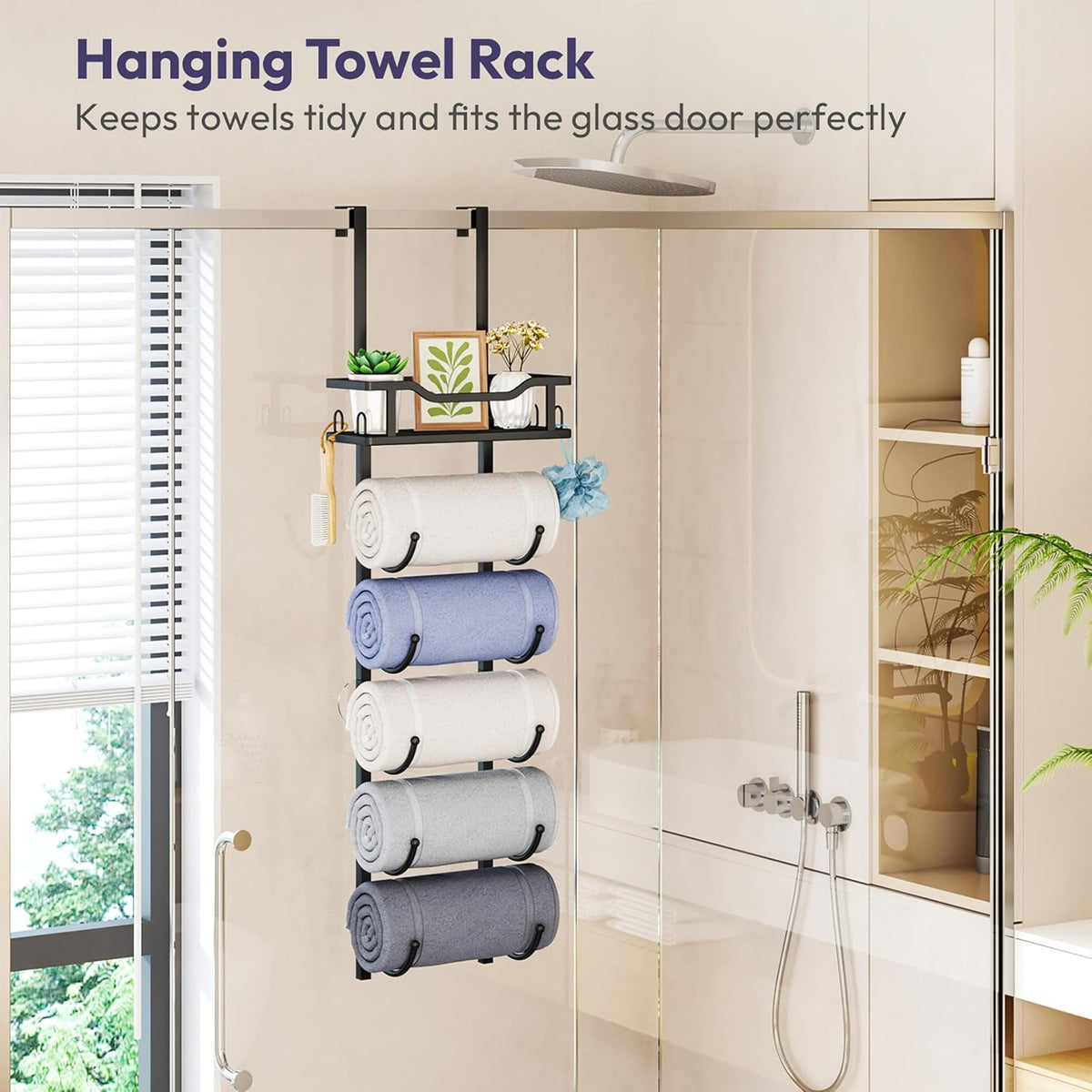 SWTYMIKI Over the Door Towel Rack - 6 Tier Towel Racks for Bathroom Wall Mounted, Towel Holder with Shelf, Hanging Rolled Towel Storage Organizer for Small Bathroom, Camper, RV, Black