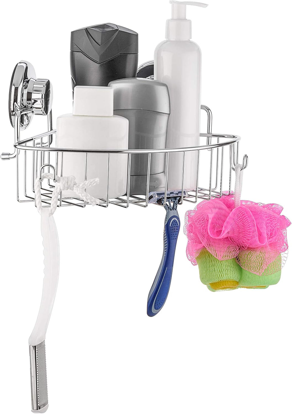 HASKO accessories Corner Shower Caddy with Suction Cups and 3M Adhesive Mounting Discs for porous surfaces - Stainless Steel Basket for Bathroom Storage (Chrome)