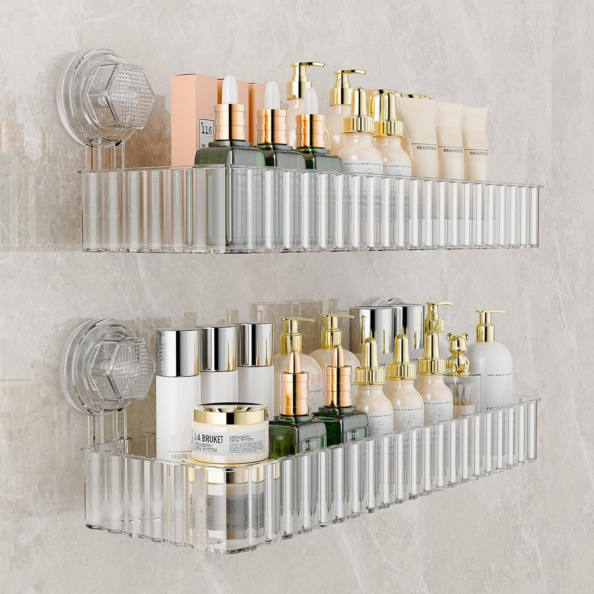Shower Caddy Suction Cup Bathroom Shower Organizer for Bathroom Storage & Home Decor & Kitchen No Drilling Large Capacity Removable and Reusable Shower Shelves for Inside Shower. (clear, square)