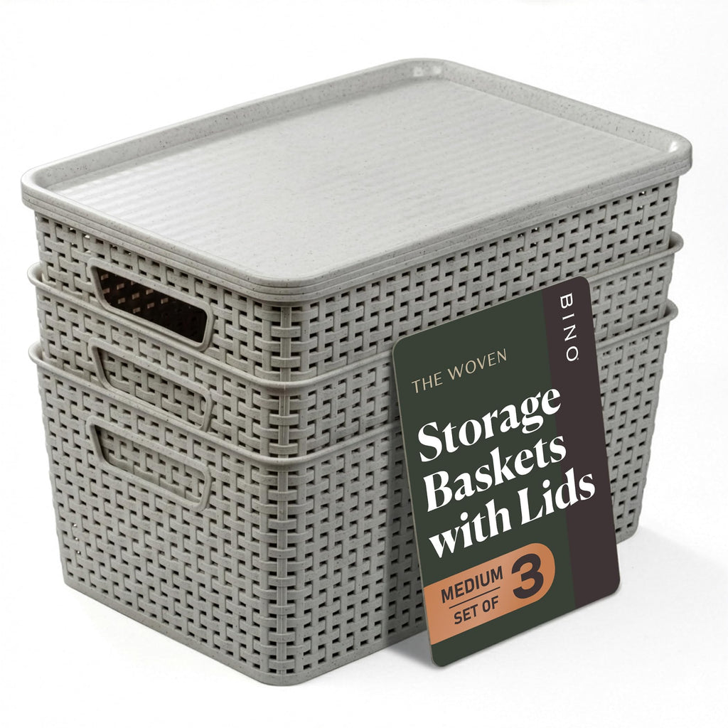 BINO | Plastic Storage Baskets with Lids, 15.5 Liter - 3 Pack, White | THE WOVEN COLLECTION | Storage Basket for Shelves Woven Storage Baskets for Organizing Bins Pantry Shelf Organizer Container Bin