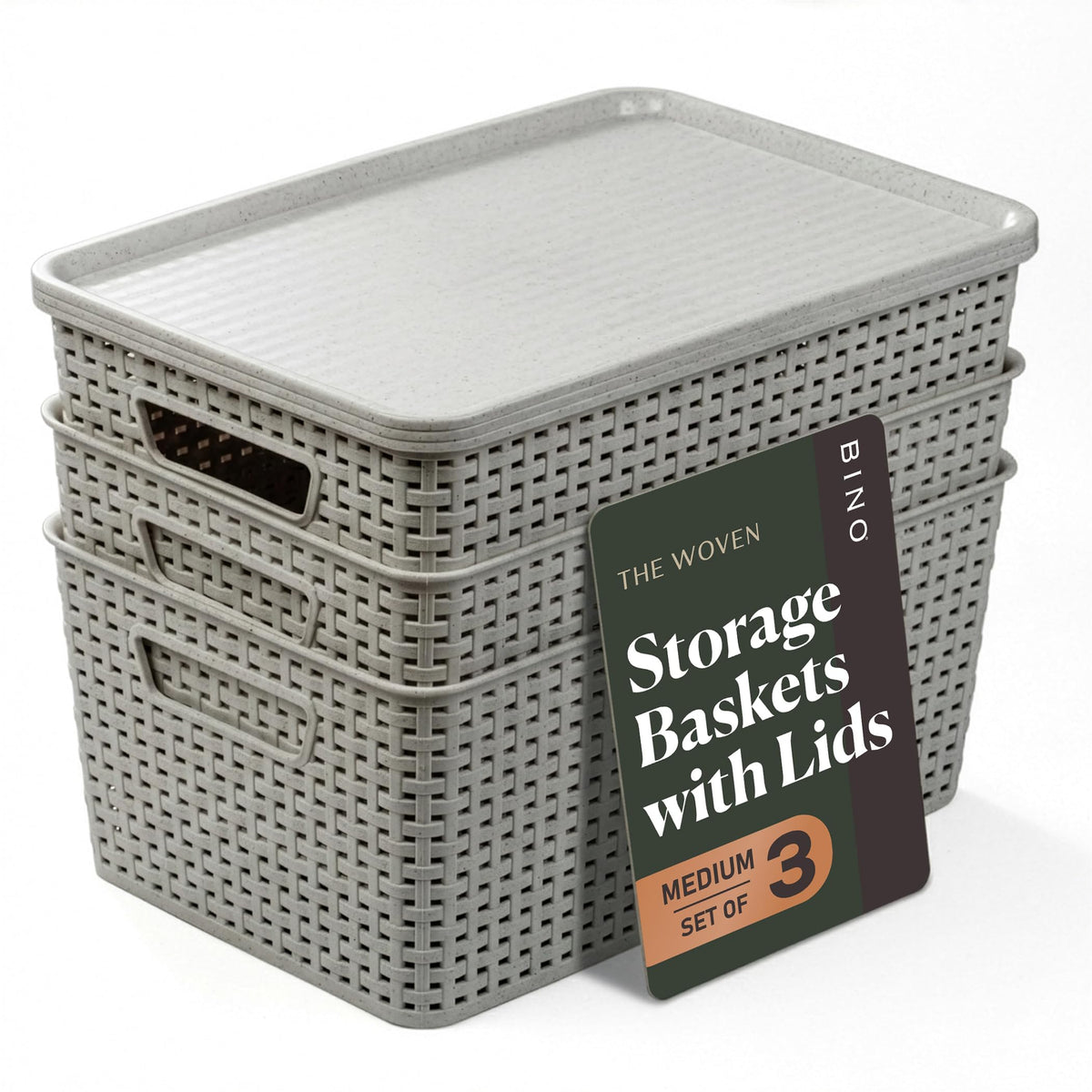 BINO | Plastic Storage Baskets with Lids, 15.5 Liter - 3 Pack, White | THE WOVEN COLLECTION | Storage Basket for Shelves Woven Storage Baskets for Organizing Bins Pantry Shelf Organizer Container Bin