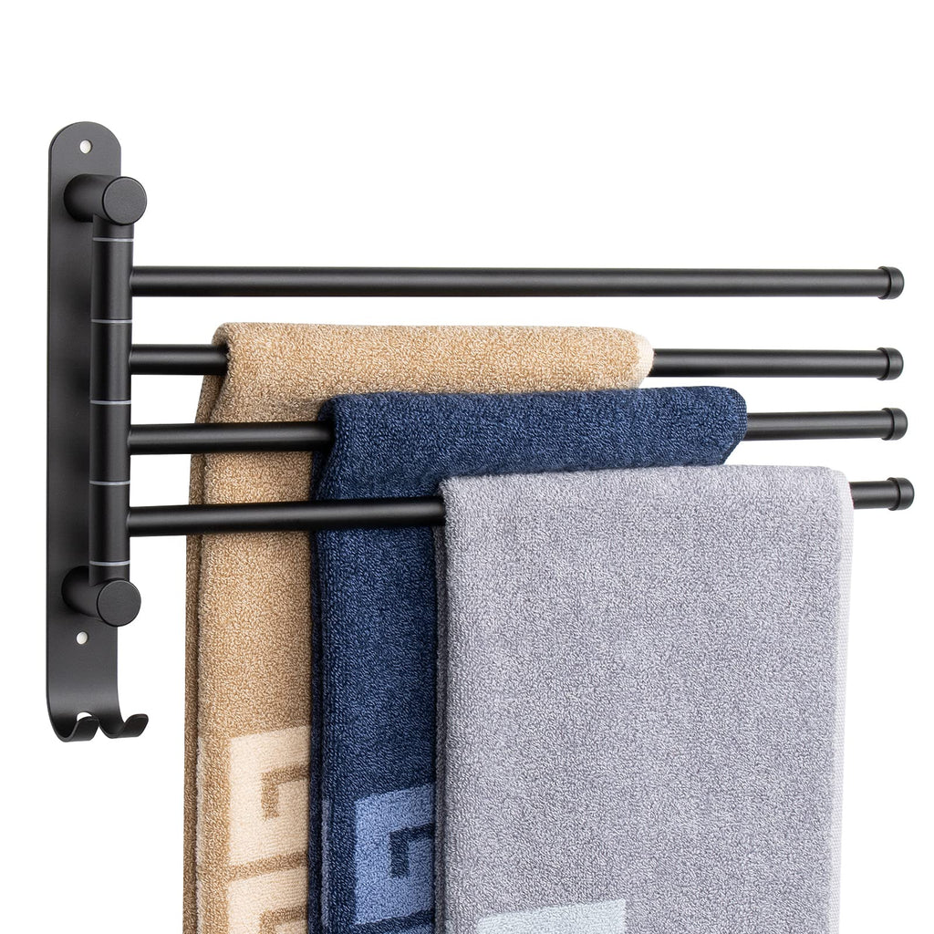 NearMoon Swivel Towel Rack, 13.8" Thicken 304 Stainless Steel 4-Arm Towel Bar, Space Saving Wall Mounted Towel Holder with Hook, Rustproof Swing Out Towel Hanger for Bathroom, Kitchen (Matte Black)