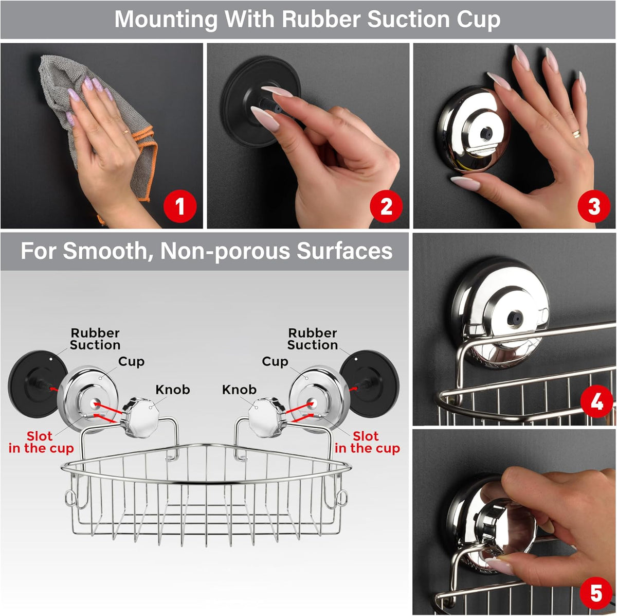HASKO accessories Corner Shower Caddy with Suction Cups and 3M Adhesive Mounting Discs for porous surfaces - Stainless Steel Basket for Bathroom Storage (Chrome)