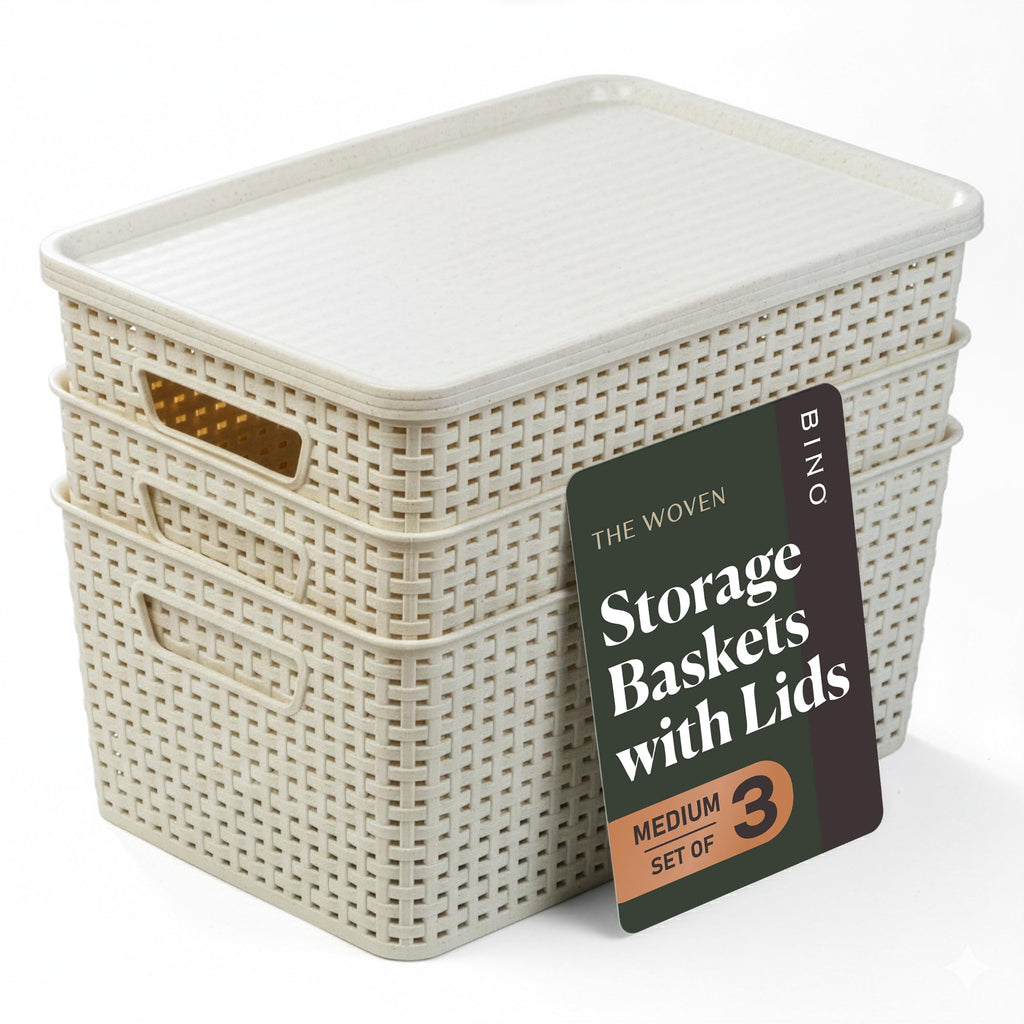 BINO | Plastic Storage Baskets with Lids, 15.5 Liter - 3 Pack, White | THE WOVEN COLLECTION | Storage Basket for Shelves Woven Storage Baskets for Organizing Bins Pantry Shelf Organizer Container Bin