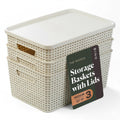 BINO | Plastic Storage Baskets with Lids, 15.5 Liter - 3 Pack, White | THE WOVEN COLLECTION | Storage Basket for Shelves Woven Storage Baskets for Organizing Bins Pantry Shelf Organizer Container Bin