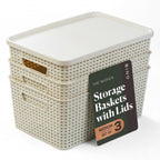 BINO | Plastic Storage Baskets with Lids, 15.5 Liter - 3 Pack, White | THE WOVEN COLLECTION | Storage Basket for Shelves Woven Storage Baskets for Organizing Bins Pantry Shelf Organizer Container Bin