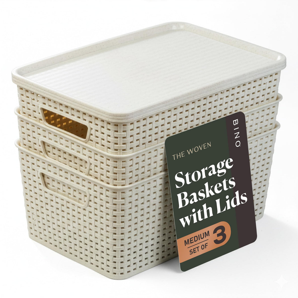 BINO | Plastic Storage Baskets with Lids, 15.5 Liter - 3 Pack, White | THE WOVEN COLLECTION | Storage Basket for Shelves Woven Storage Baskets for Organizing Bins Pantry Shelf Organizer Container Bin