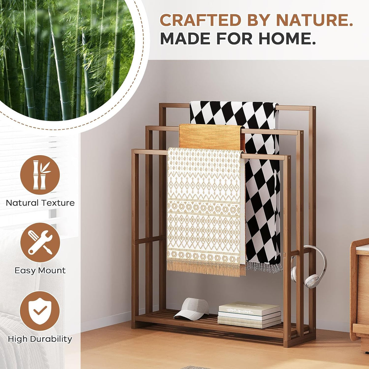 Standing Towel Rack for Bathroom, 39.4''H Bamboo Blanket Racks with Shelf