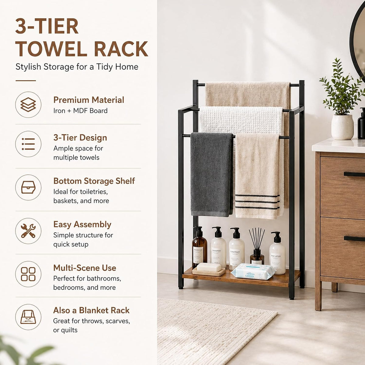 16.9" W Freestanding Towel Rack with Rustic Brown Wood Shelf
