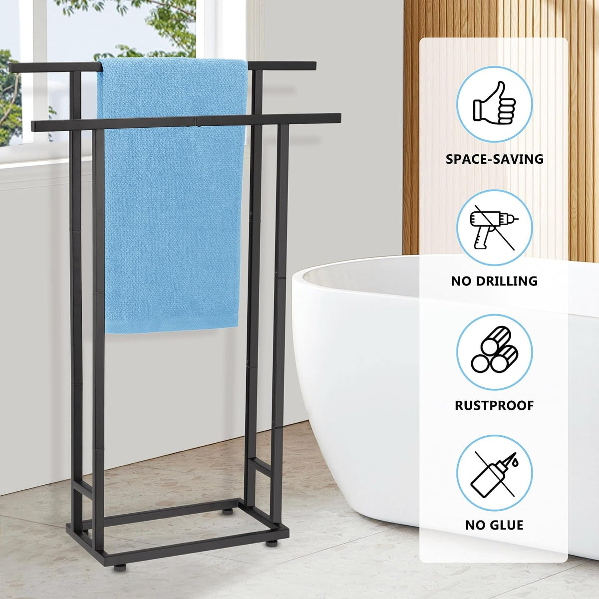 2-Tier Tall Towel Rack for Bathroom, Freestanding Towel Stand Drying Rack for Oversized Bath Towels, Poolside, Bathroom, Black, ALHAKIN