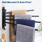 NearMoon Swivel Towel Rack, 13.8" Thicken 304 Stainless Steel 4-Arm Towel Bar, Space Saving Wall Mounted Towel Holder with Hook, Rustproof Swing Out Towel Hanger for Bathroom, Kitchen (Matte Black)