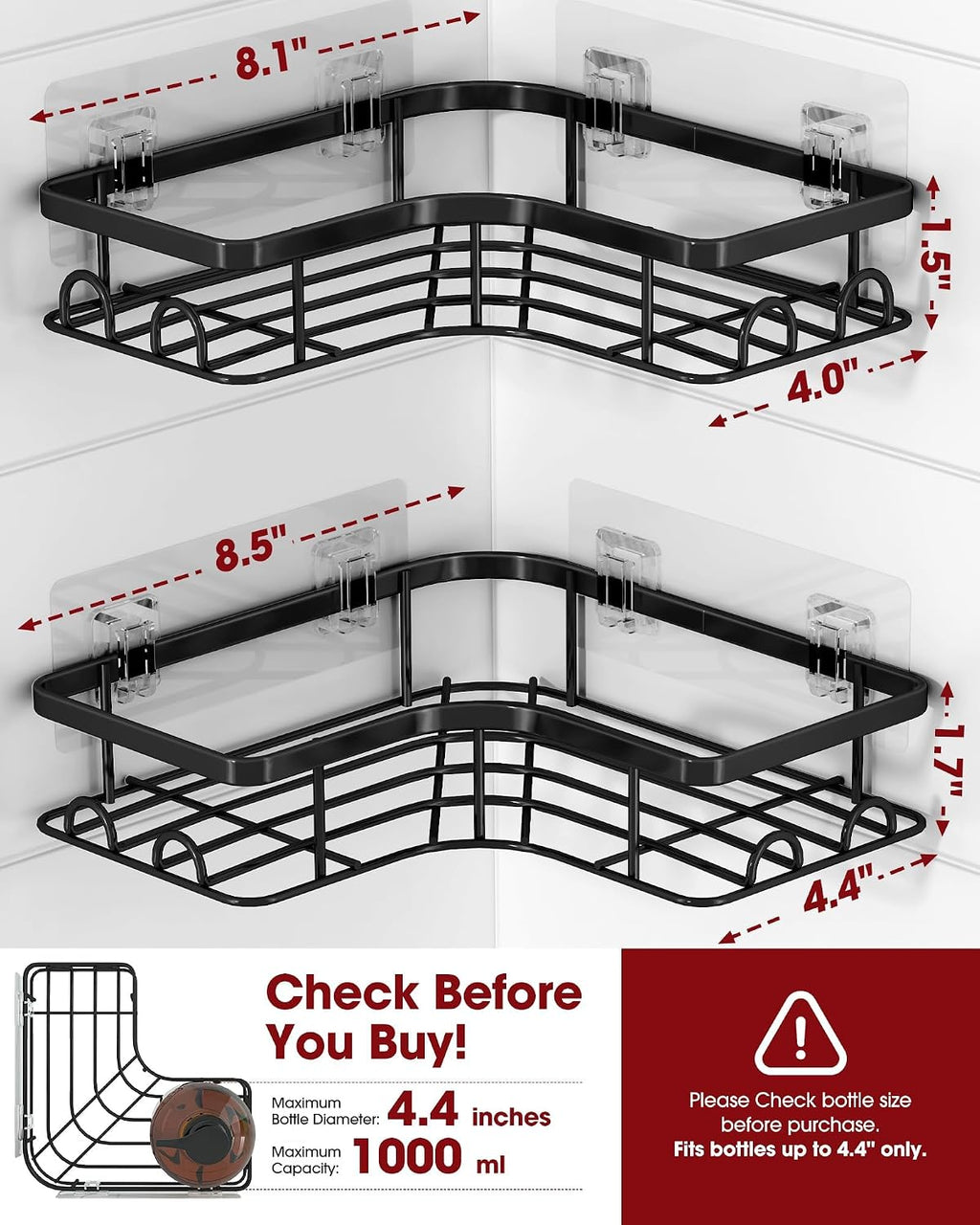 Sakugi Black Corner Shower Caddy Adhesive No Drilling Bathroom Shelves
