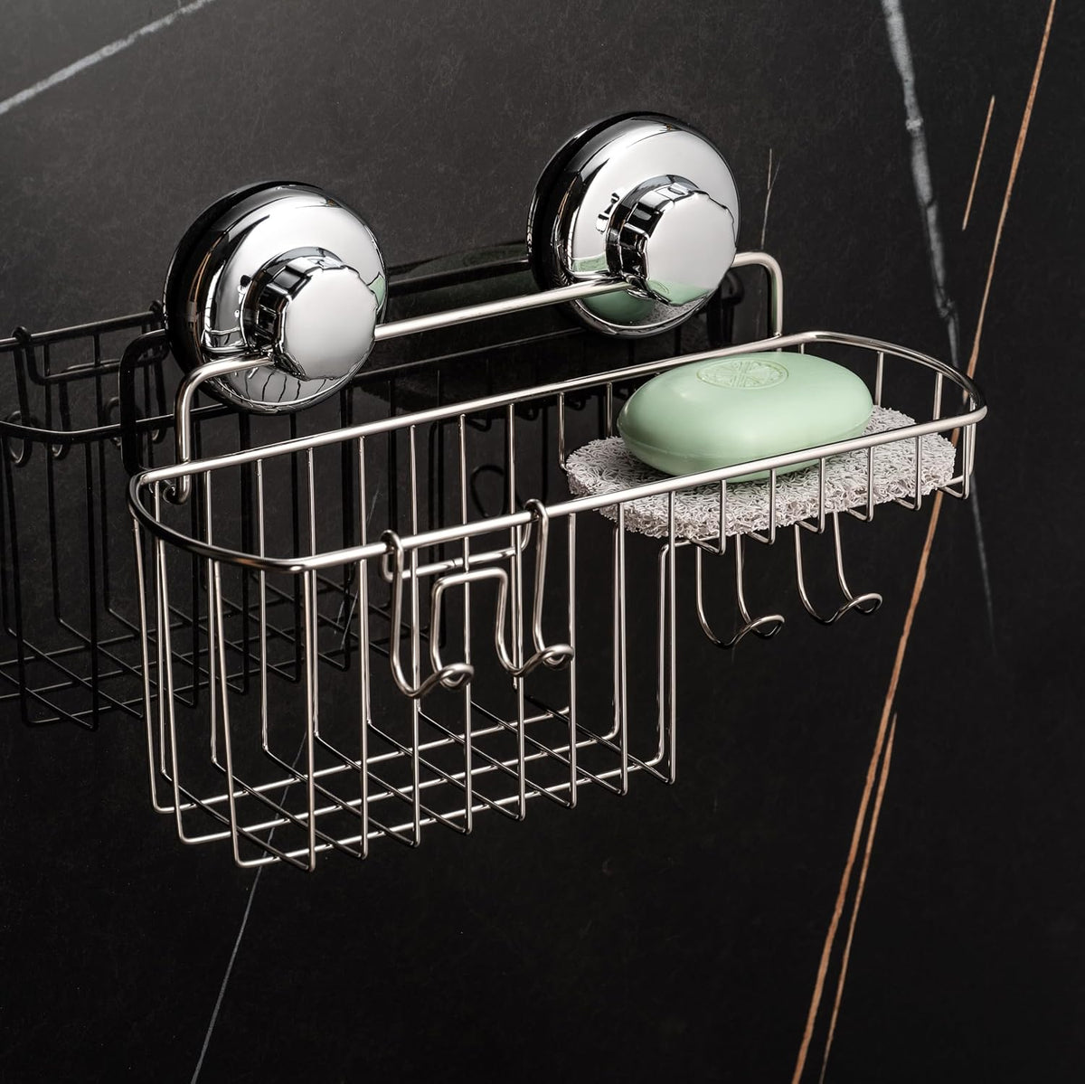 HASKO Suction Cup Shower Caddy Basket for Shampoo, Shower Suction Shelf Organizer, Basket with Soap Holder and Hooks, Stainless Steel Shampoo Holder for Bathroom Storage, Chrome