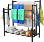 HavenlyYouth 3 Tier Towel Rack with Large Storage & 6 Hooks, Blanket Rack for Oversized Bath Towels, Free Standing Pool Towel Rack Stand for Bathroom Pool Indoor/Outdoor, 35.8" H x 31.5" L x 11.8" W