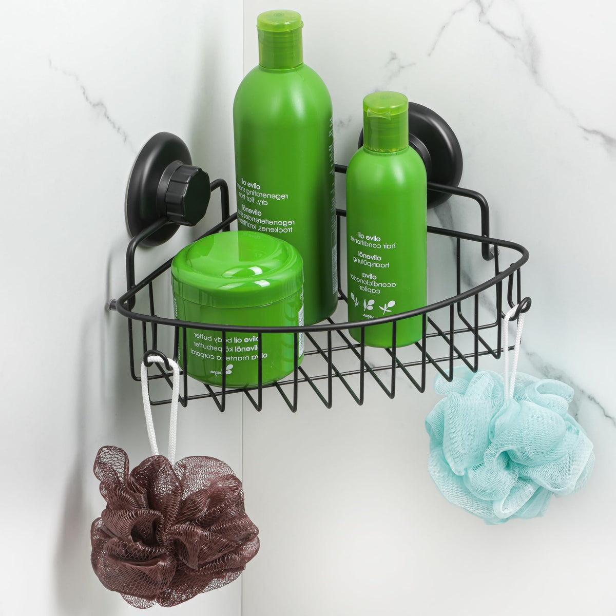 HASKO accessories Corner Shower Caddy with Suction Cups and 3M Adhesive Mounting Discs for porous surfaces - Stainless Steel Basket for Bathroom Storage (Chrome)