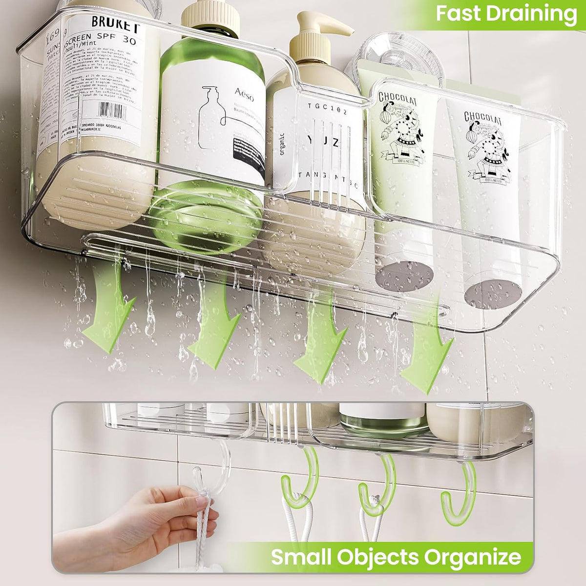 LUXEAR Shower Caddy Suction Cup, No Drilling Strong Hold Shower Organizer with Hooks & Soap Dish Fast Draining Removable Reusable Bathroom Storage Shelf Friendly for Bathroom/Kitchen/RV 22LBS Capacity