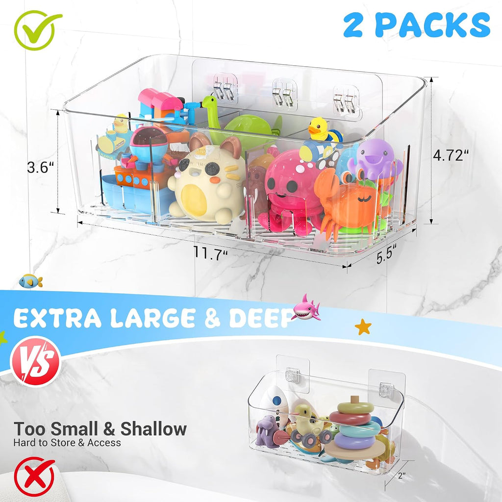 Bath Toy Storage 2 Packs, Large Bath Toy Holder - 3 Compartments, Quick-Dry