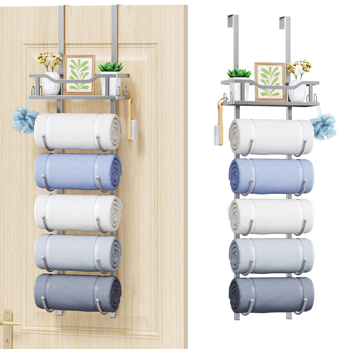 SWTYMIKI Over the Door Towel Rack - 6 Tier Towel Racks for Bathroom Wall Mounted, Towel Holder with Shelf, Hanging Rolled Towel Storage Organizer for Small Bathroom, Camper, RV, Black