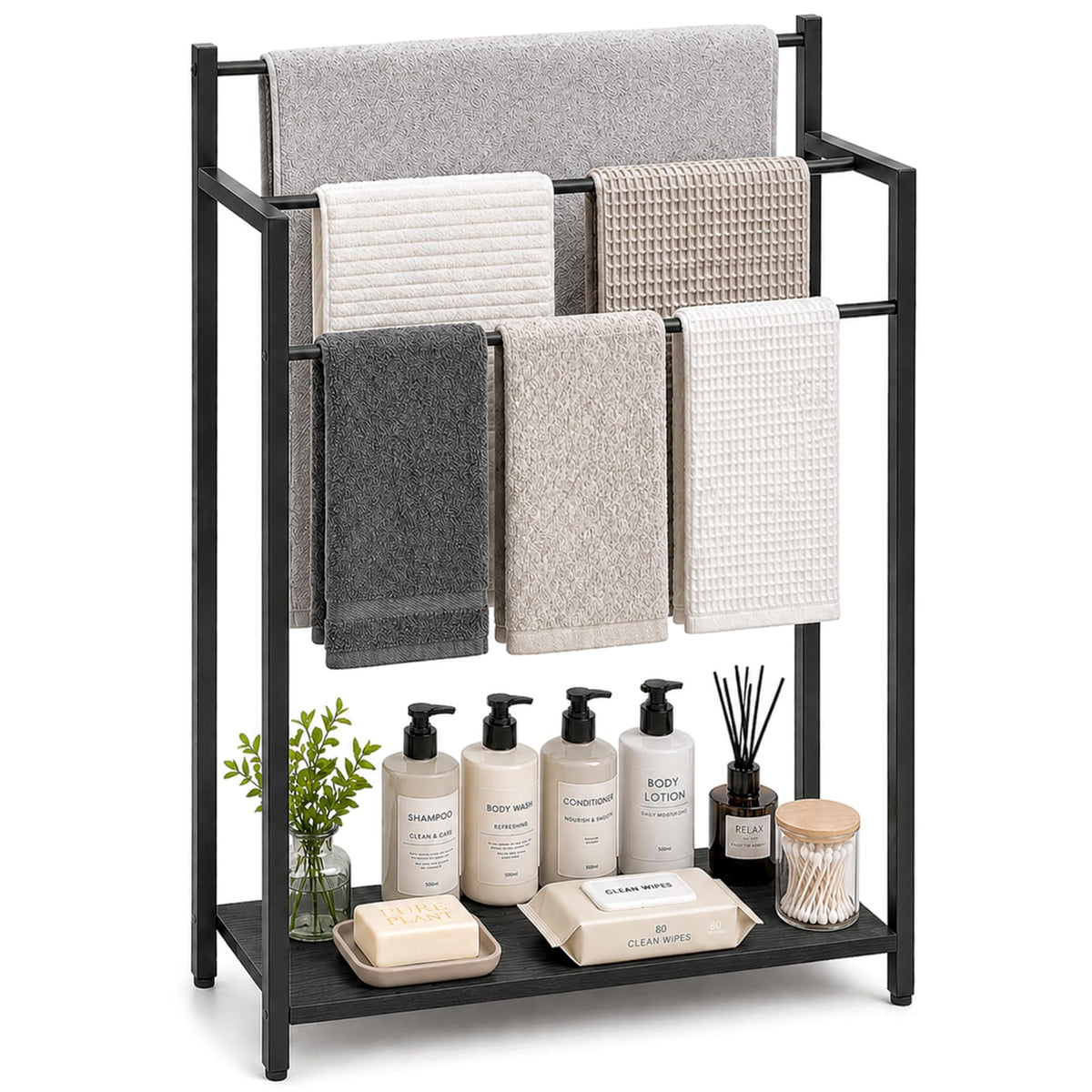 16.9" W Freestanding Towel Rack with Rustic Brown Wood Shelf