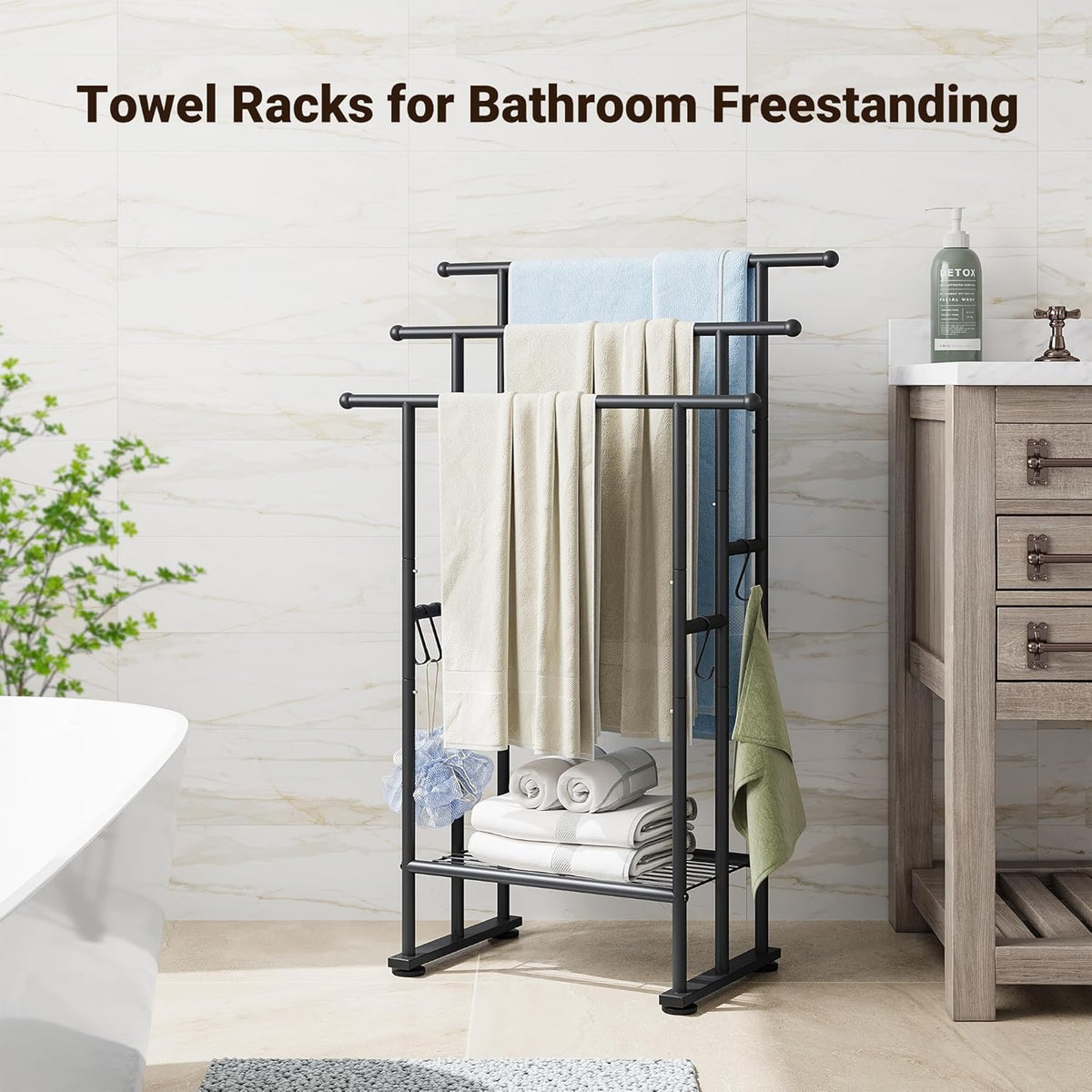 ELYKEN 3 Tier Freestanding Towel Rack with Shelf, 40" H Towel Stand, Black