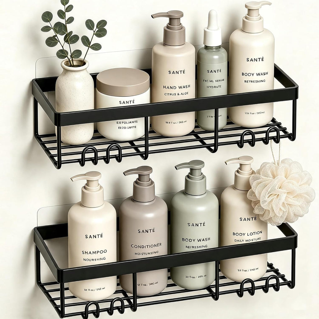 Moforoco Shower Caddy Shelf Organizer Rack, Self Adhesive Black Bathroom Shelves Basket, Home Farmhouse Wall Inside Organization and Storage Decor Rv Accessories, First Camper Apartment Essentials
