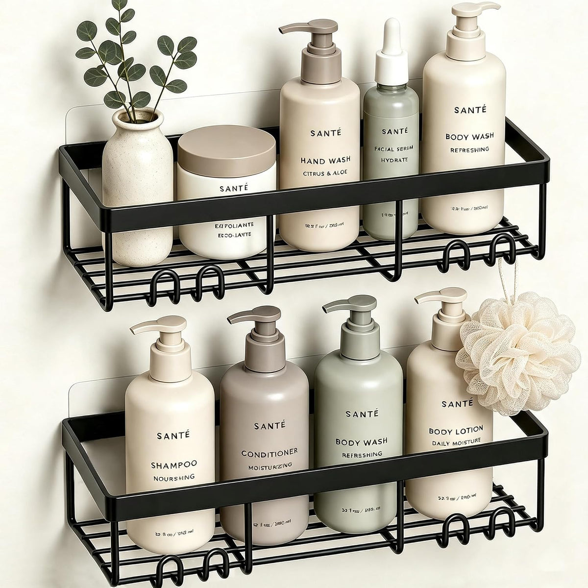 Moforoco Shower Caddy Shelf Organizer Rack, Self Adhesive Black Bathroom Shelves Basket, Home Farmhouse Wall Inside Organization and Storage Decor Rv Accessories, First Camper Apartment Essentials