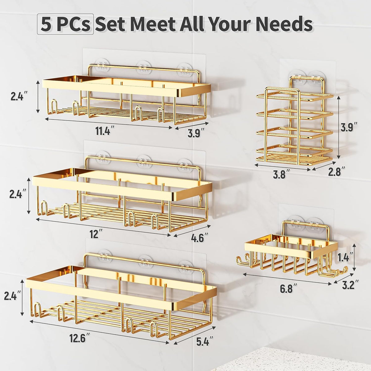 Liuoud 5 Pack Shower Caddy for Inside Shower, Gold Bathroom Storage Decor