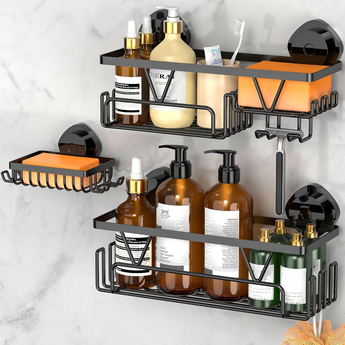 KEGII Suction Cup Shower Caddy, 3 Pack Bathroom Organizer, Matte Black