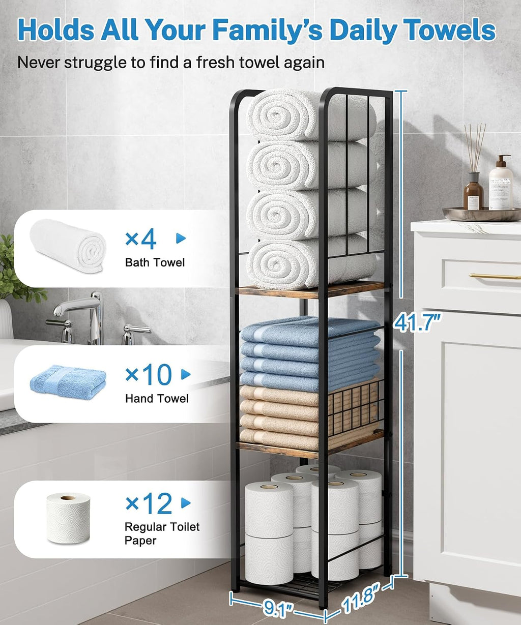 KIMBORA Narrow Towel Storage for Bathroom, 3-Tier Free Standing Bathroom Towel Rack Organizer with Shelf for Small Bath, Pool, Brown