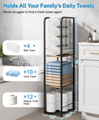 KIMBORA Narrow Towel Storage for Bathroom, 3-Tier Free Standing Bathroom Towel Rack Organizer with Shelf for Small Bath, Pool, Brown