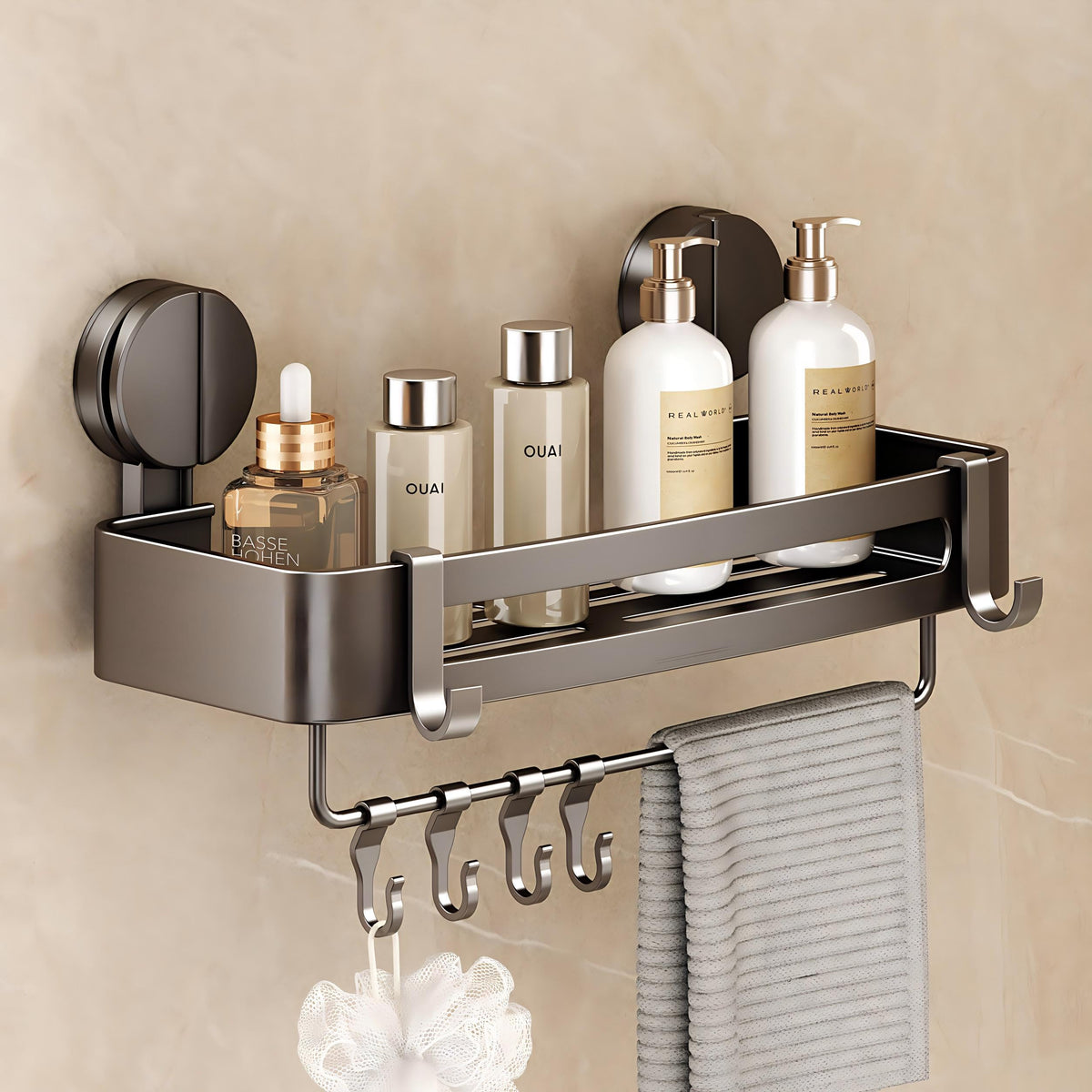 VOLPONE Corner Shower Caddy Suction Cup, 2 Pack Shower Shelves No Drilling, Showers Organizer Storage with Towel Bar & Removable Hooks, Bathroom Shower Shelf Rack for Inside Showers
