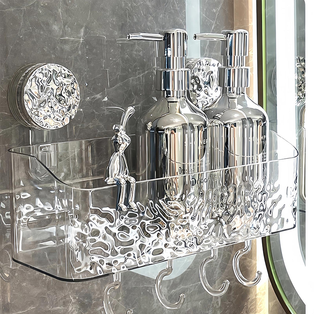 Shower Caddy Suction Cup, Wall Mounted Suction Shower Rack Organizer, No Drilling Clear Shelf Basket with 4 Movable Hooks, Bathroom Storage Rack Suitable for Smooth Walls