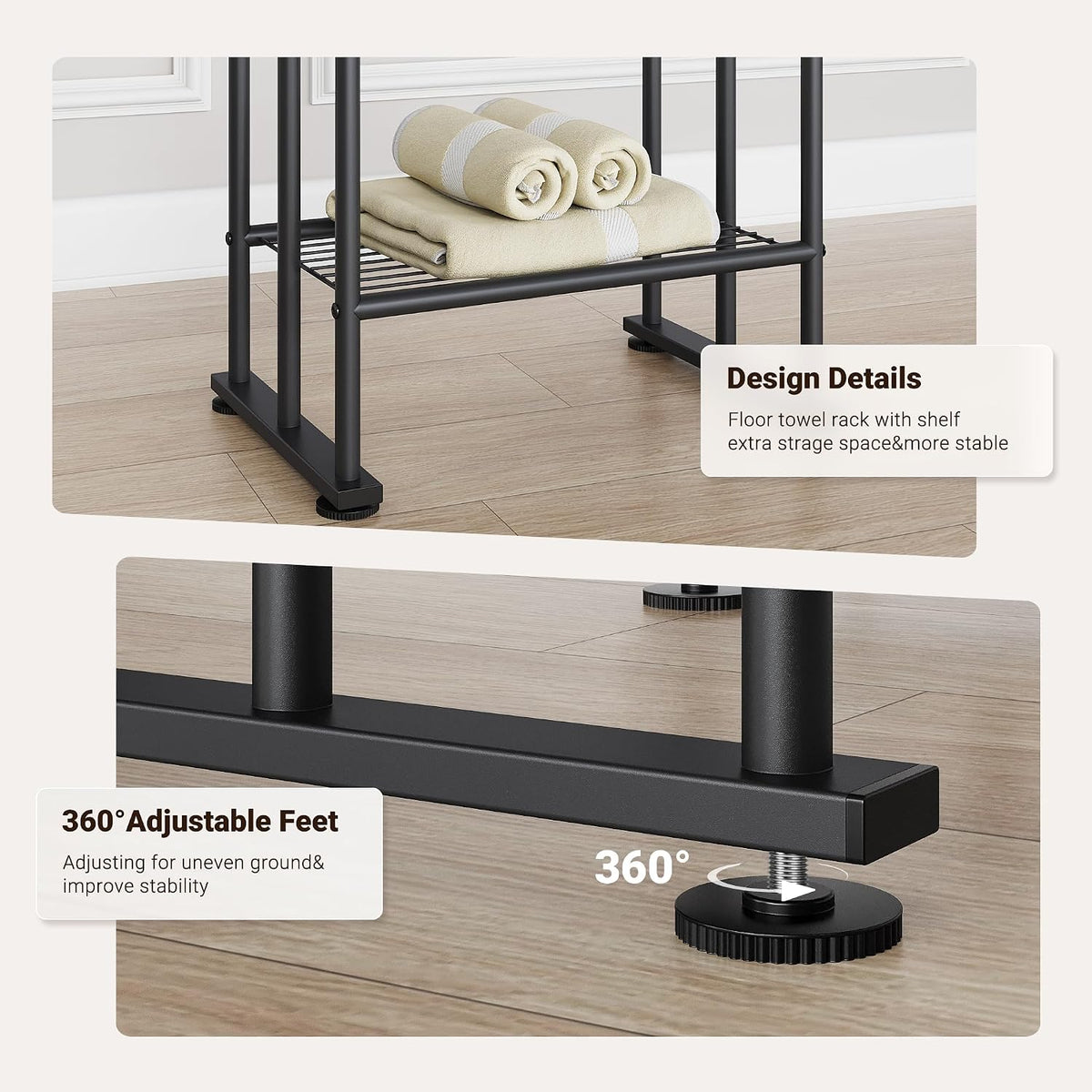 ELYKEN 3 Tier Freestanding Towel Rack with Shelf, 40" H Towel Stand, Black