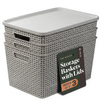 BINO | Plastic Storage Baskets with Lids, 15.5 Liter - 3 Pack, White | THE WOVEN COLLECTION | Storage Basket for Shelves Woven Storage Baskets for Organizing Bins Pantry Shelf Organizer Container Bin