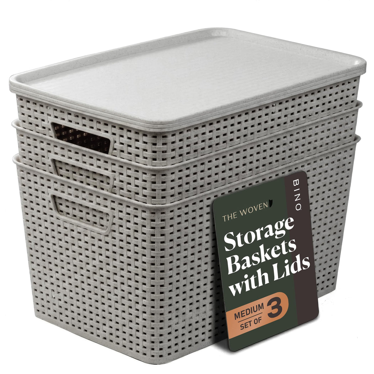 BINO | Plastic Storage Baskets with Lids, 15.5 Liter - 3 Pack, White | THE WOVEN COLLECTION | Storage Basket for Shelves Woven Storage Baskets for Organizing Bins Pantry Shelf Organizer Container Bin